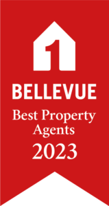Auf Dem Bild Ist Ein Rotes Logo Mit Einem Weißen Haus Symbol Und Der Aufschrift Bellevue Best Property Agents 2023