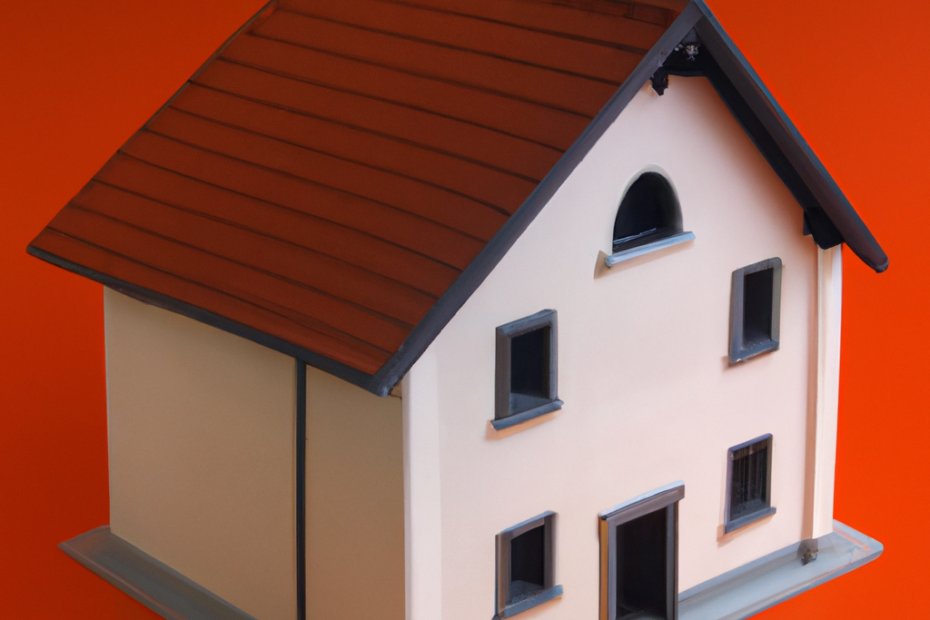 Modellhaus mit rotem Dach und weißen Wänden auf orangefarbenem Hintergrund.
