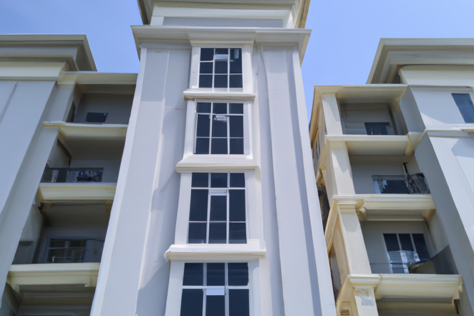 Ein modernes, mehrstöckiges Gebäude mit weißen Fassaden und Fenstern unter klarem Himmel.