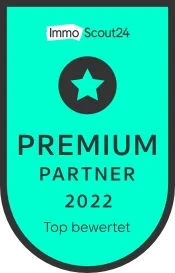 Ein Schild Mit Der Aufschrift Immo Scout24 Premium Partner 2022 Einem Stern Und Dem Zusatz Top Bewertet
