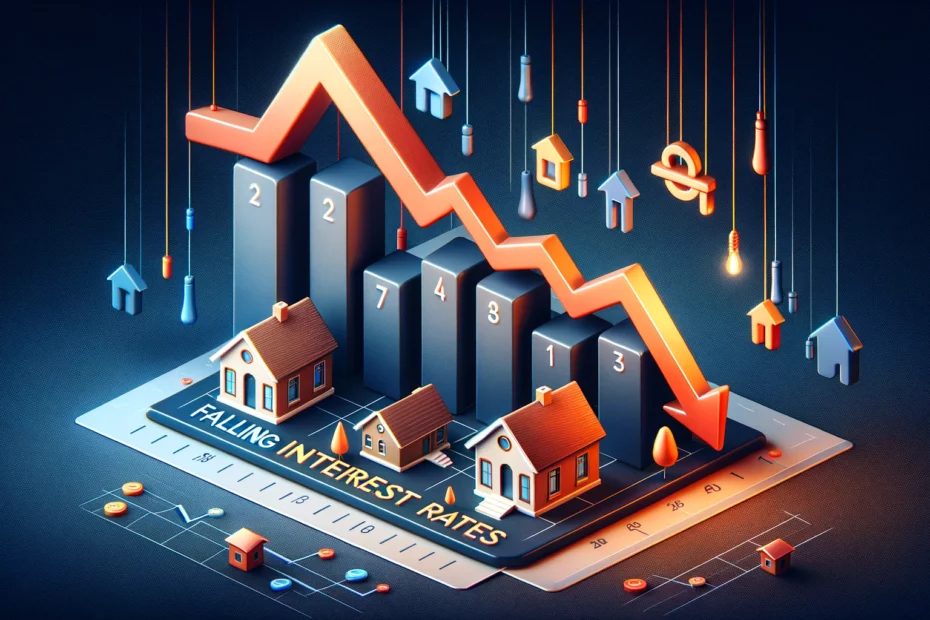 Eine 3d grafik Zeigt Sinkende Zinssätze Mit Häusern Balkendiagrammen Und Pfeilen Die Nach Unten Weisen